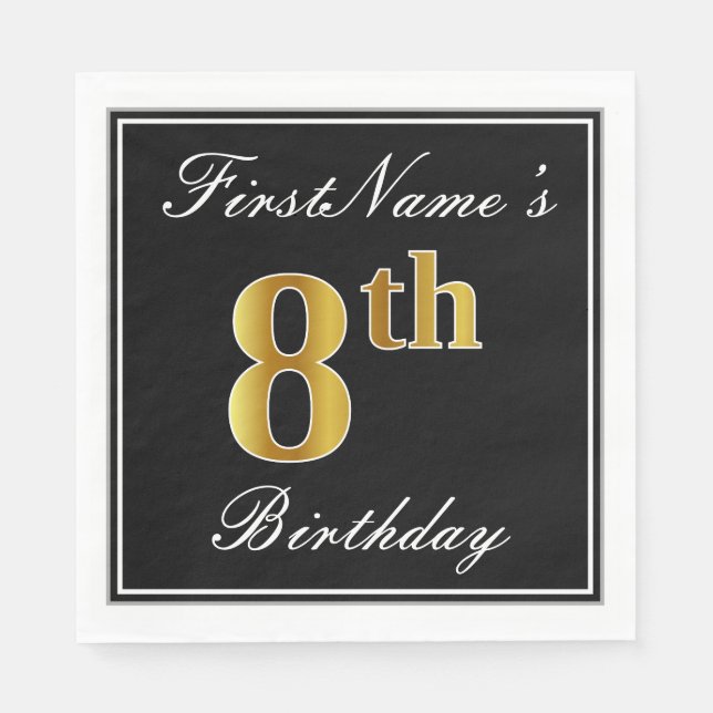 Elegant, Faux Gold 8th Birthday + Custom Name Napkin (Front)