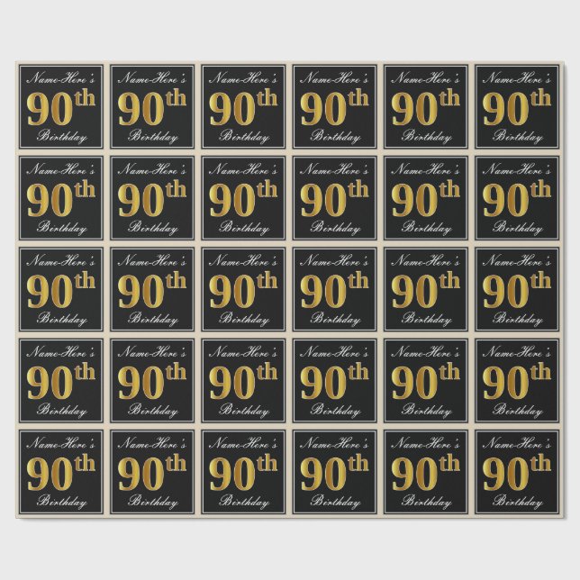Elegant, Faux Gold 90th Birthday + Custom Name Wrapping Paper (Flat)