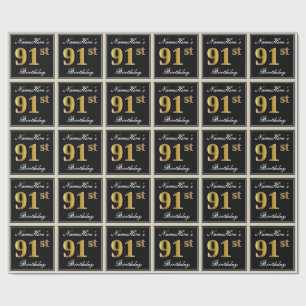 Elegant, Faux Gold 91st Birthday + Custom Name Wrapping Paper