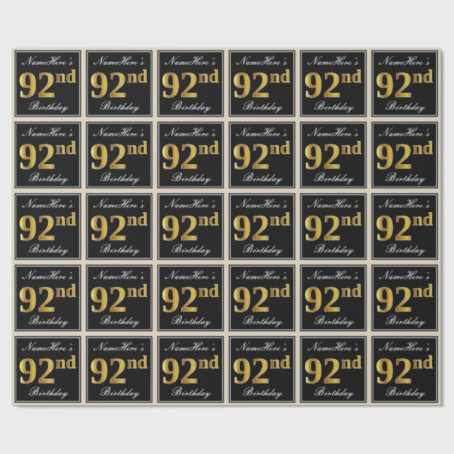 Elegant, Faux Gold 92nd Birthday + Custom Name Wrapping Paper (Flat)