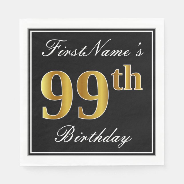 Elegant, Faux Gold 99th Birthday + Custom Name Napkin (Front)