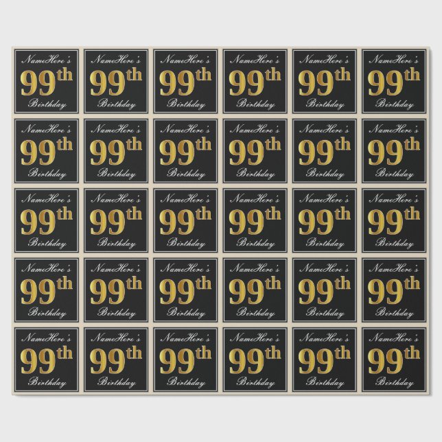 Elegant, Faux Gold 99th Birthday + Custom Name Wrapping Paper (Flat)