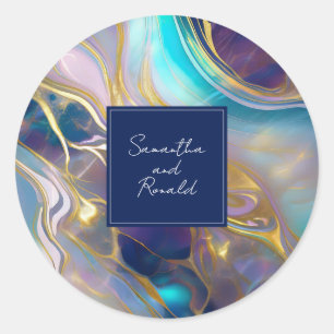 Elegant Faux Gold and Blue Opal Stone Swirled Classic Round Sticker