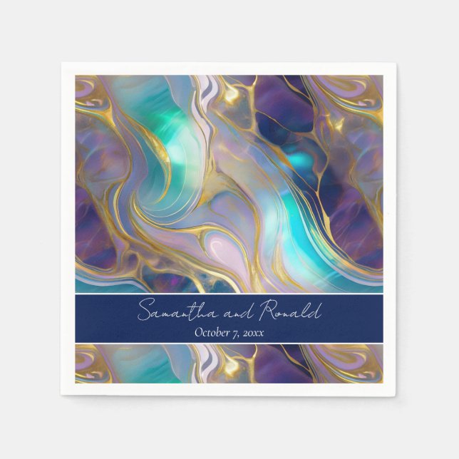 Elegant Faux Gold and Blue Opal Stone Wedding Napkin (Front)