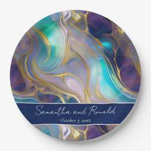 Elegant Faux Gold and Blue Opal Stone Wedding Paper Plate