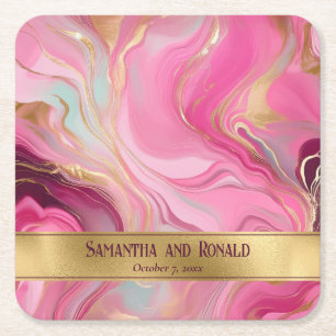 Elegant Faux Gold and Pink Marbled Wedding Square Paper Coaster
