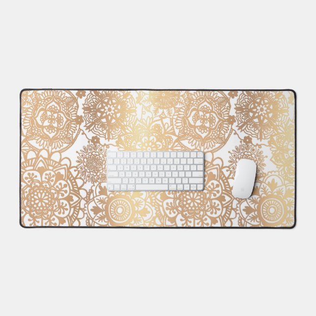 Elegant Faux Gold and White Mandala Pattern Desk Mat (Keyboard & Mouse)