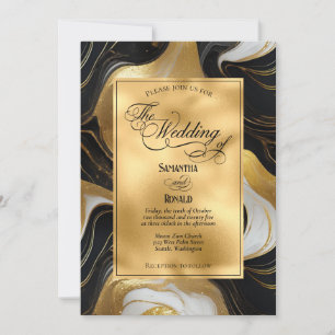 Elegant Faux Gold, Black and White Marbled Wedding Invitation