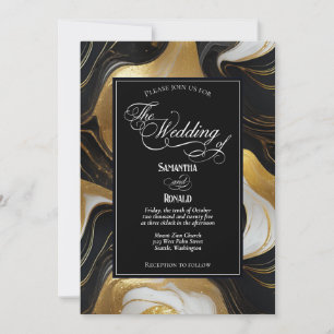 Elegant Faux Gold, Black and White Marbled Wedding Invitation