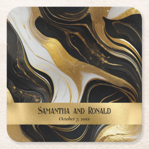 Elegant Faux Gold, Black and White Marbled Wedding Square Paper Coaster