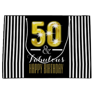 Elegant faux gold black white 50th birthday stripe large gift bag
