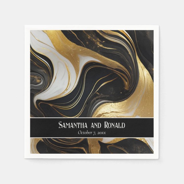 Elegant Faux Gold, Black & White Marbled Wedding  Napkin (Front)