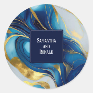 Elegant Faux Gold, Blue and White Marbled Wedding Classic Round Sticker