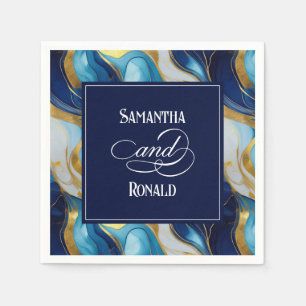 Elegant Faux Gold, Blue and White Marbled Wedding Napkin