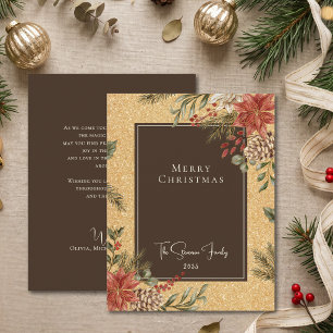 Elegant Faux Gold Brown Merry Christmas Poinsettia Holiday Card