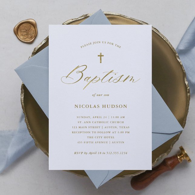 Elegant Faux Gold Calligraphy and Cross | Baptism Invitation (Creator Uploaded)