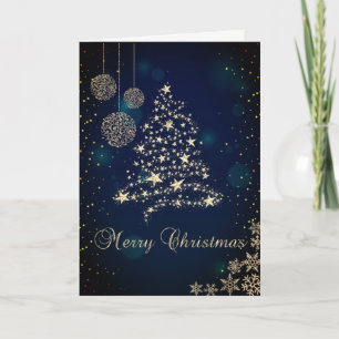 Elegant Faux Gold Christmas Tree,Snowflakes Blue Holiday Card