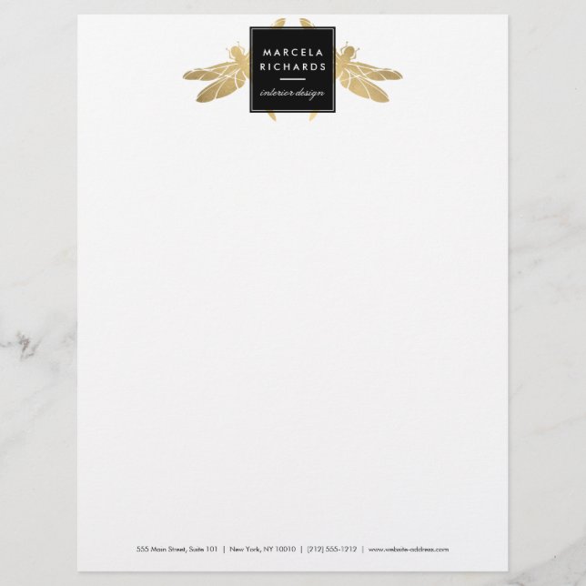 Elegant Faux Gold Dragonfly Duo Letterhead (Front)