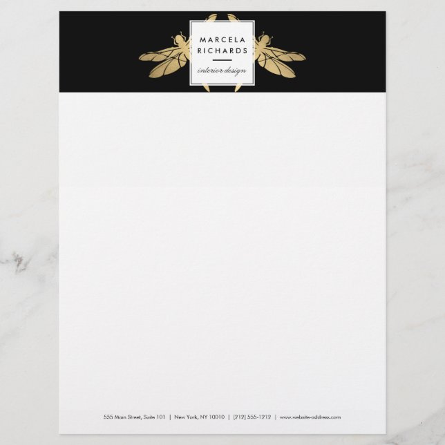 Elegant Faux Gold Dragonfly Duo on Black Letterhead (Front)