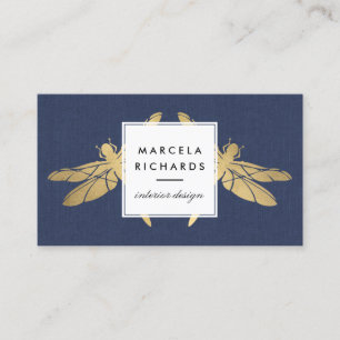 Elegant Faux Gold Dragonfly Duo on Navy Linen Business Card