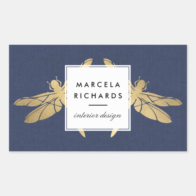 Elegant Faux Gold Dragonfly Duo on Navy Linen Sticker (Front)