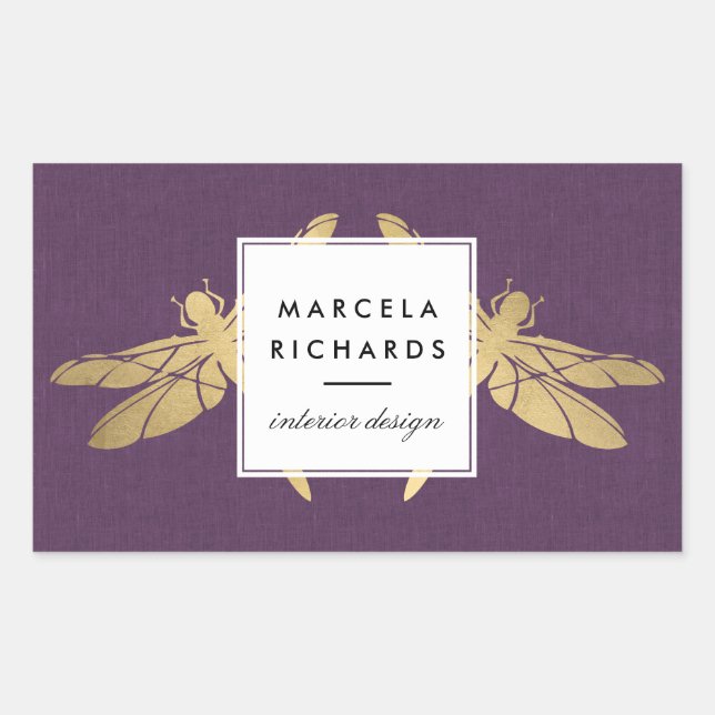 Elegant Faux Gold Dragonfly Duo on Purple Linen Sticker (Front)