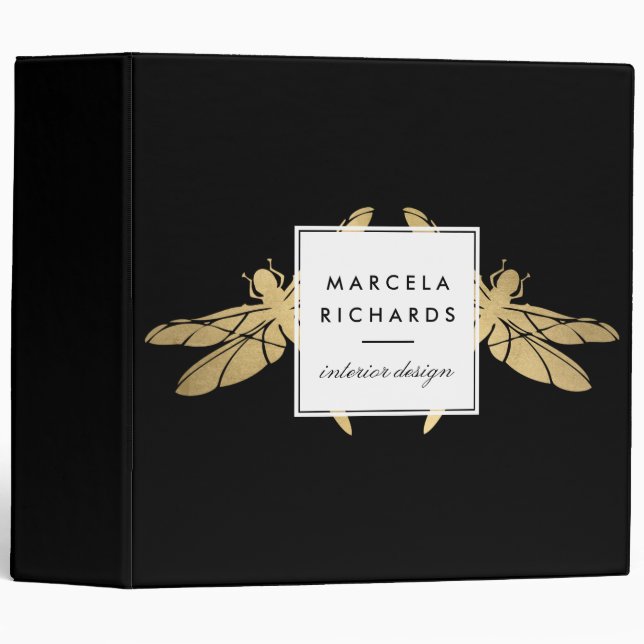 Elégant Faux Gold Dragonfly Duo sur Classeur noir (Devant/Côté)