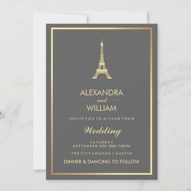 Elegant Faux Gold Eiffel Tower on Grey Wedding Invitation (Front)