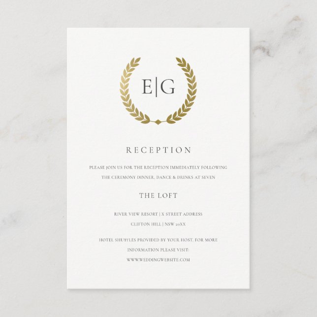 ELEGANT FAUX GOLD FLORAL LAUREL WREATH RECEPTION ENCLOSURE CARD (Front)