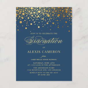 Elegant Faux Gold Foil Confetti Blue Graduation Invitation Postcard