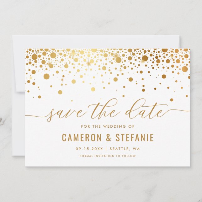 Elegant Faux Gold Foil Confetti Modern White Save The Date (Front)