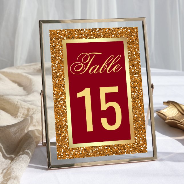Elegant Faux Gold Foil Glitter Maroon Red Table Number (Creator Uploaded)