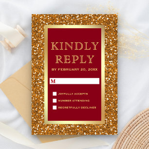 Elegant Faux Gold Foil Glitter Maroon Red Wedding RSVP Card