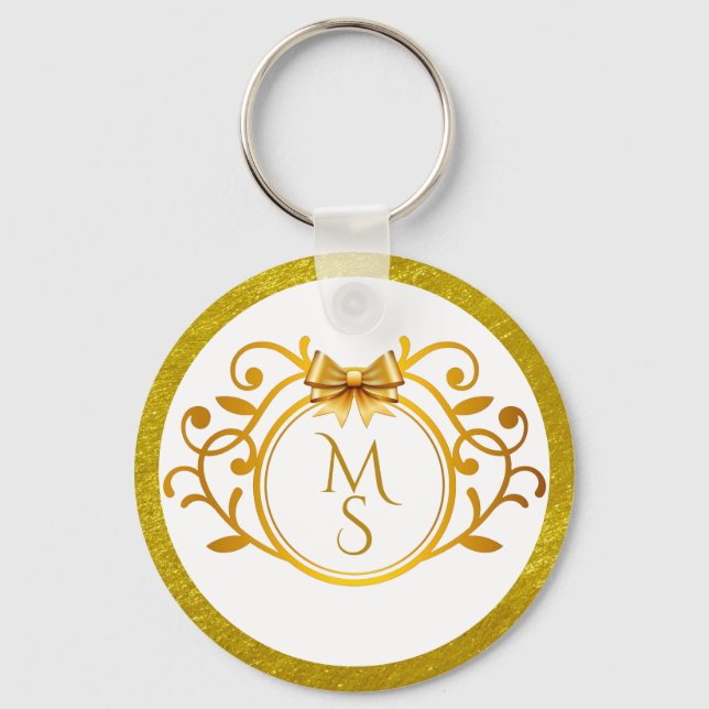 Elegant Faux Gold Foil Monogram Wedding Favour Keychain (Front)