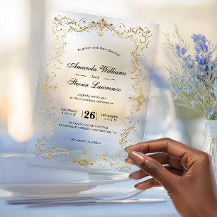 Elegant faux gold frame calligraphy wedding acrylic invitations