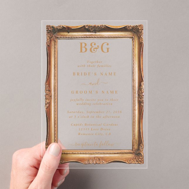 Elegant Faux Gold Frame Monogram Wedding Clear Acrylic Invitations (Insitu (Handheld))