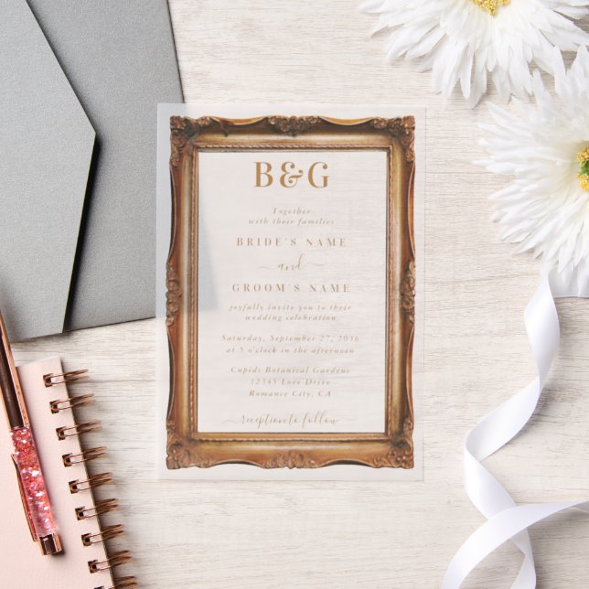 Elegant Faux Gold Frame Monogram Wedding Overlay Vellum Invitations (Wedding)