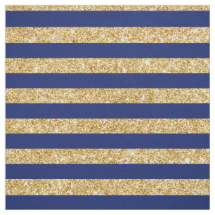 Elegant Faux Gold Glitter and Blue Stripe Pattern Fabric