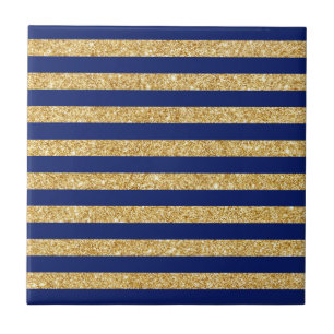 Elegant Faux Gold Glitter and Blue Stripe Pattern Tile