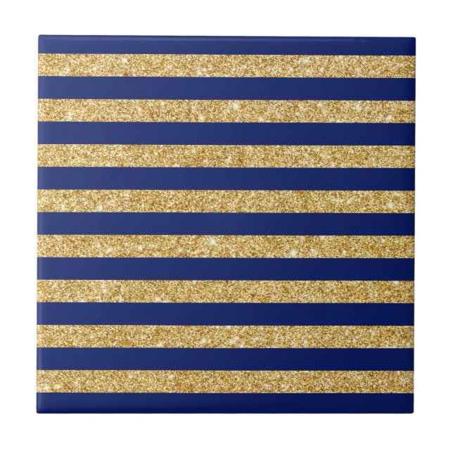 Elegant Faux Gold Glitter and Blue Stripe Pattern Tile (Front)
