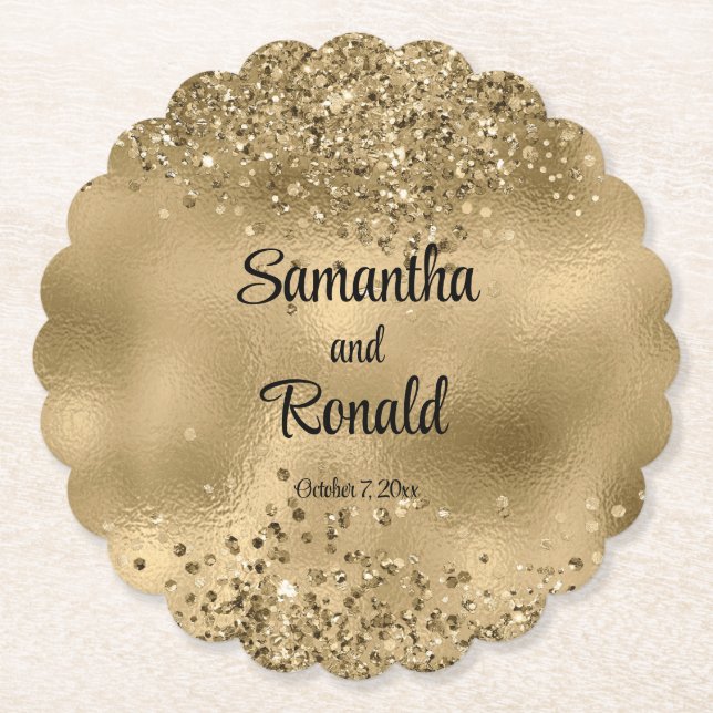 Elegant Faux Gold Glitter and Foil Wedding  Paper Coaster (Front)