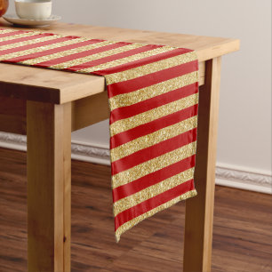 Elegant Faux Gold Glitter and Red Stripe Pattern Short Table Runner