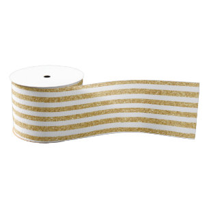 Elegant Faux Gold Glitter and White Stripe Pattern Grosgrain Ribbon