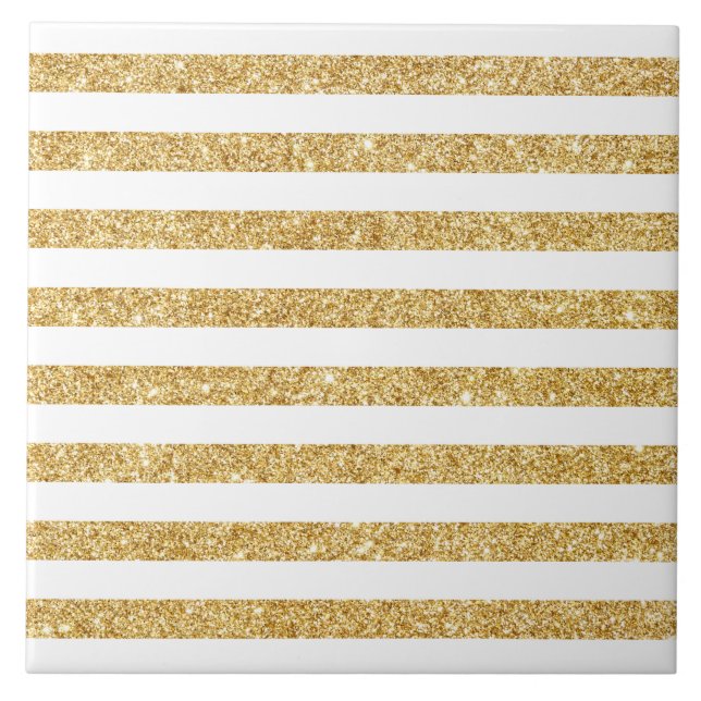 Elegant Faux Gold Glitter and White Stripe Pattern Tile (Front)