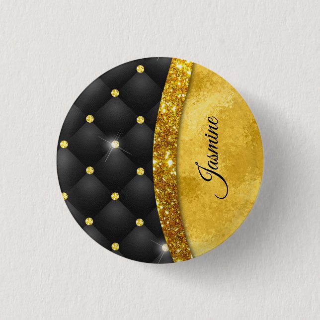 Elegant faux Gold glitter black diamond monogram 1 Inch Round Button (Front)