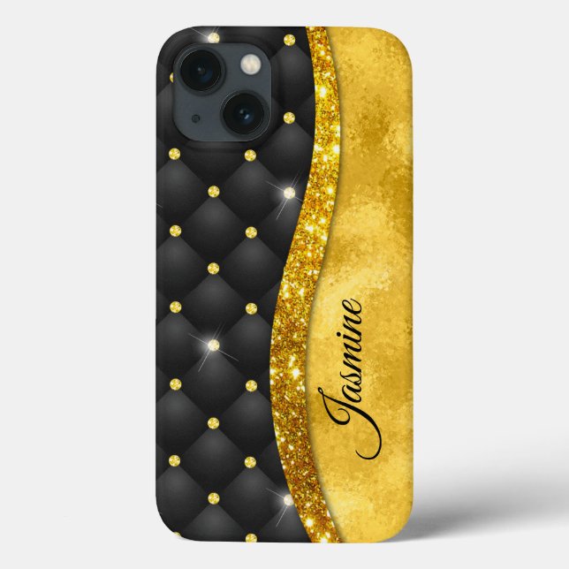 Elegant faux Gold glitter black diamond monogram Case-Mate iPhone Case (Back)