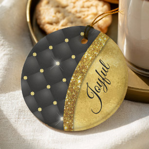 Elegant faux Gold glitter black diamond monogram Ceramic Ornament