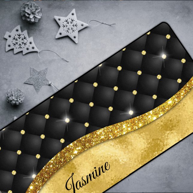 Elegant faux Gold glitter black diamond monogram Desk Mat (Creator Uploaded)