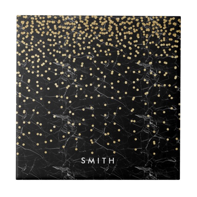 elegant faux gold glitter confetti black marble tile (Front)
