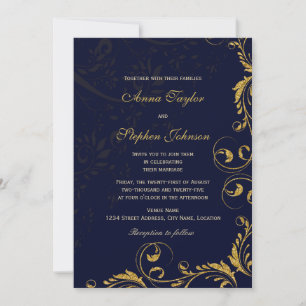 Elegant Faux Gold Glitter Floral Swirls Navy Blue Invitation